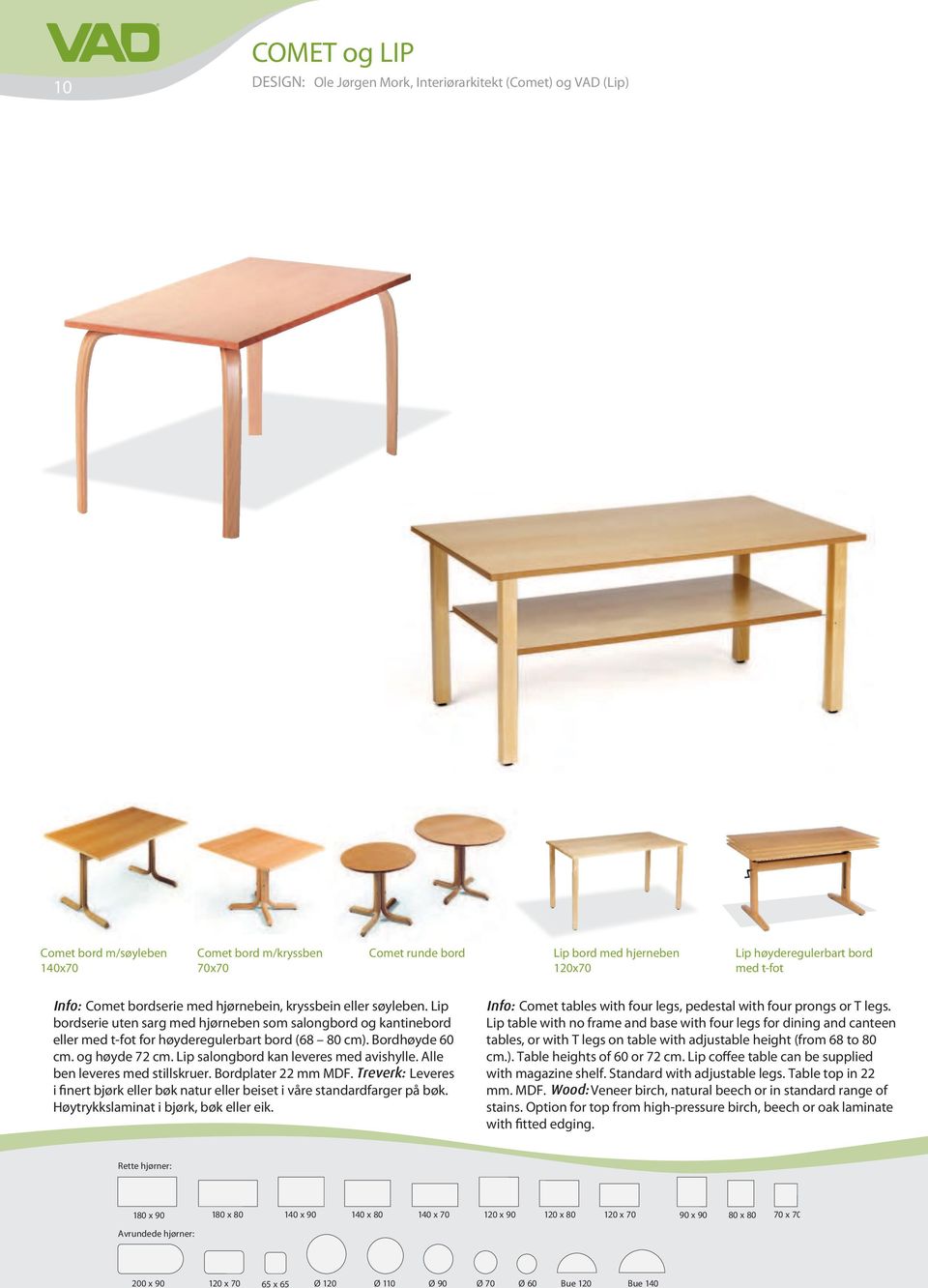 Lip bordserie uten sarg med hjørneben som salongbord og kantinebord eller med t-fot for høyderegulerbart bord (68 80 cm). Bordhøyde 60 cm. og høyde 72 cm. Lip salongbord kan leveres med avishylle.