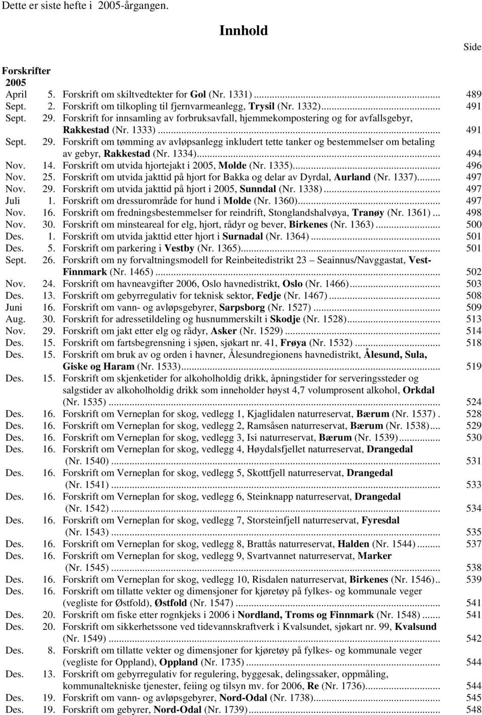 1334)... 494 Nov. 14. Forskrift om utvida hjortejakt i 2005, Molde (Nr. 1335)... 496 Nov. 25. Forskrift om utvida jakttid på hjort for Bakka og delar av Dyrdal, Aurland (Nr. 1337)... 497 Nov. 29.