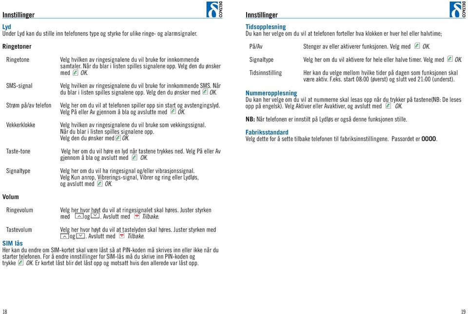 Ringetone SMS-signal Strøm på/av telefon Vekkerklokke Taste-tone Signaltype Volum Ringevolum Velg hvilken av ringesignalene du vil bruke for innkommende samtaler.