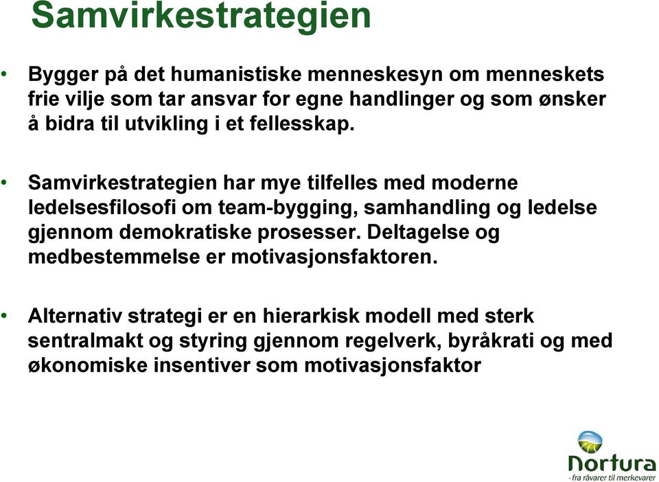 Samvirkestrategien har mye tilfelles med moderne ledelsesfilosofi om team-bygging, samhandling og ledelse gjennom demokratiske