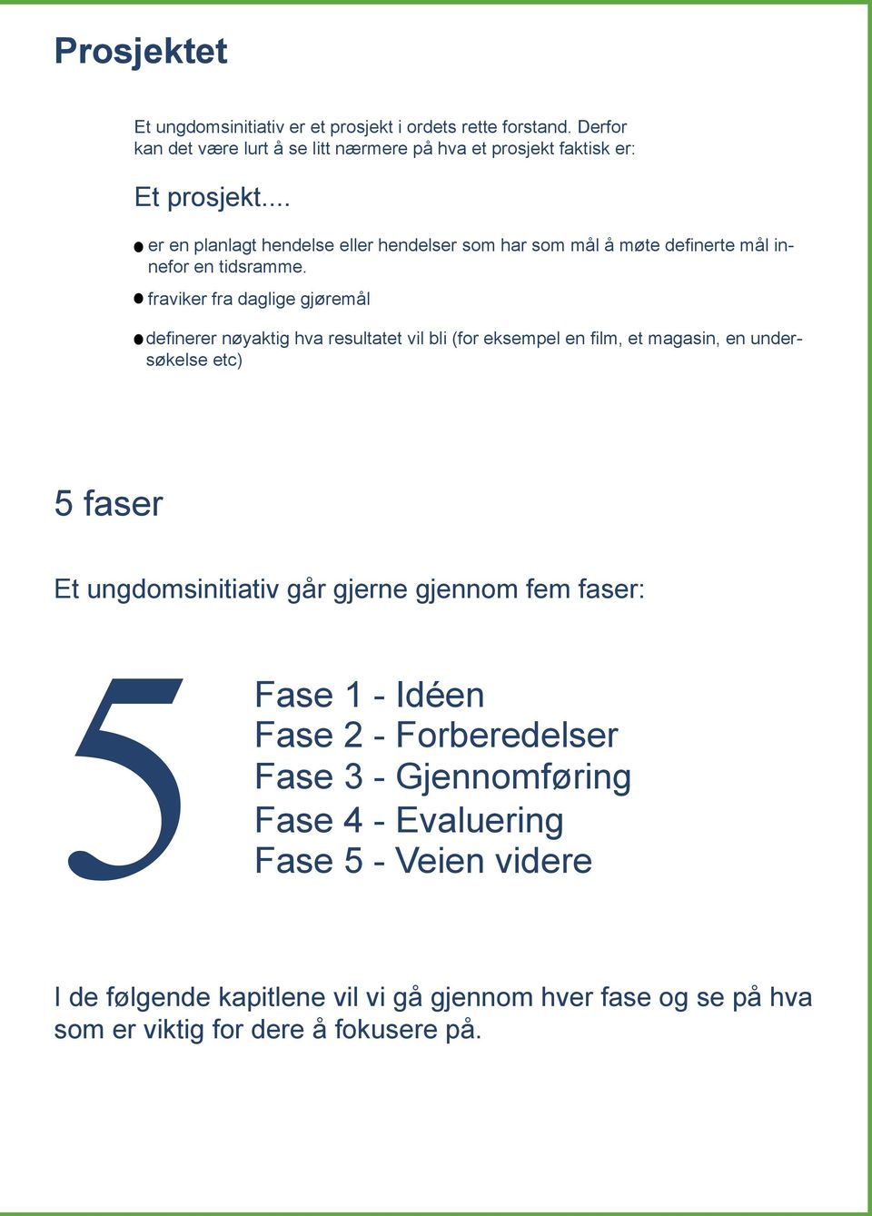 fraviker fra daglige gjøremål definerer nøyaktig hva resultatet vil bli (for eksempel en film, et magasin, en undersøkelse etc) 5 faser Et ungdomsinitiativ går