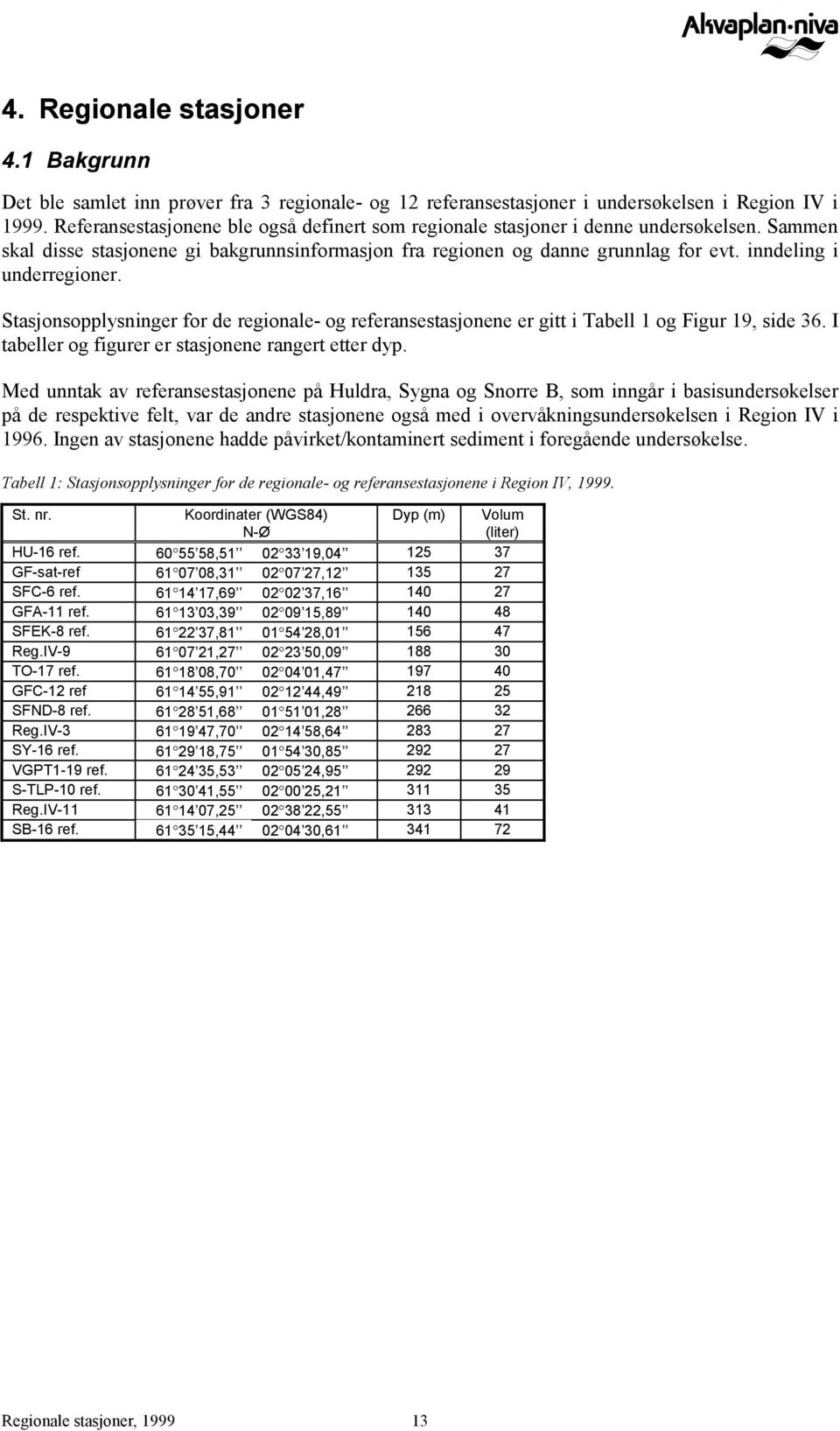 inndeling i underregioner. Stasjonsopplysninger for de regionale- og referansestasjonene er gitt i Tabell 1 og Figur 19, side 36. I tabeller og figurer er stasjonene rangert etter dyp.