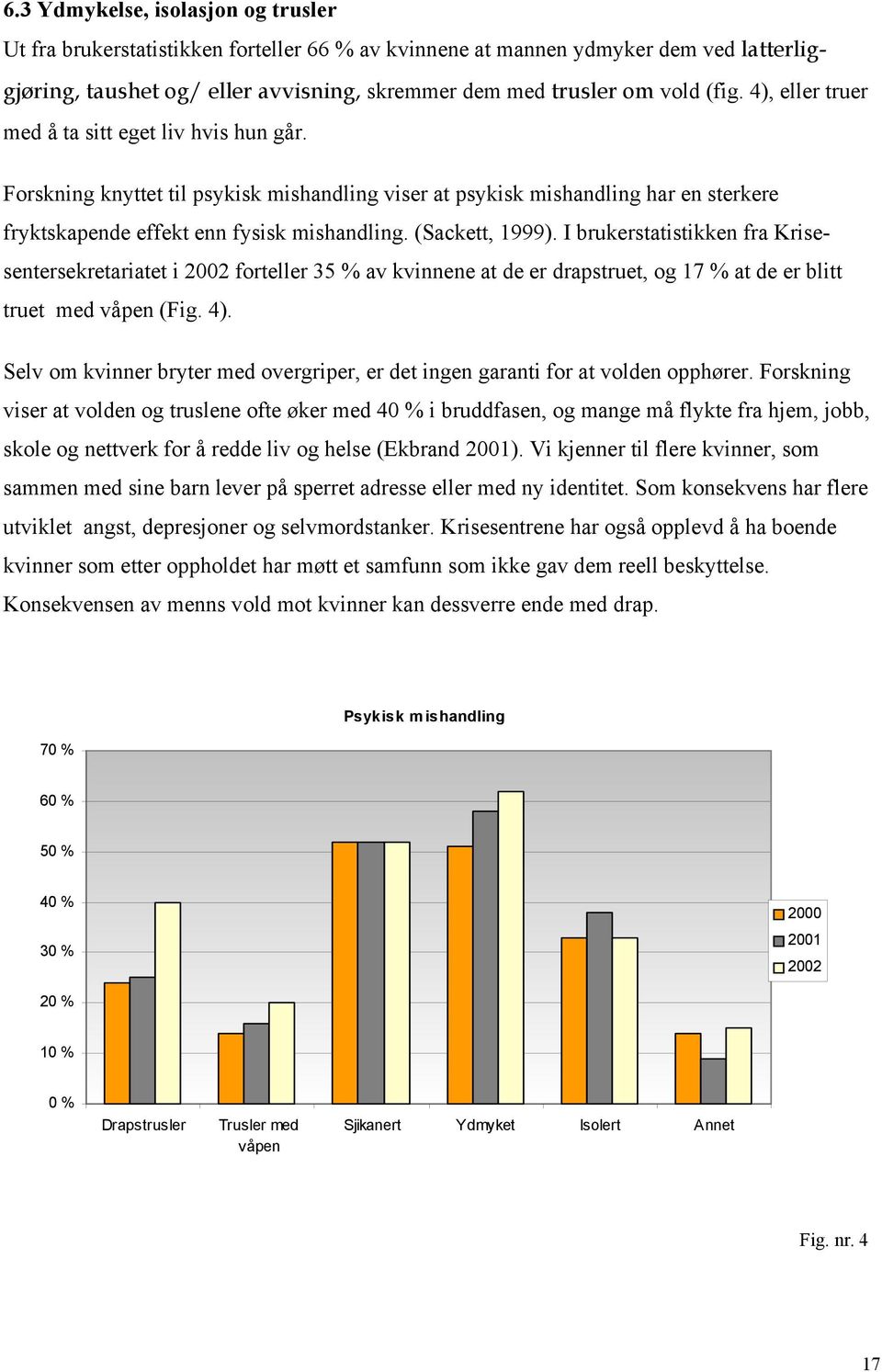 (Sackett, 1999). I brukerstatistikken fra Krisesentersekretariatet i 2002 forteller 35 % av kvinnene at de er drapstruet, og 17 % at de er blitt truet med våpen (Fig. 4).