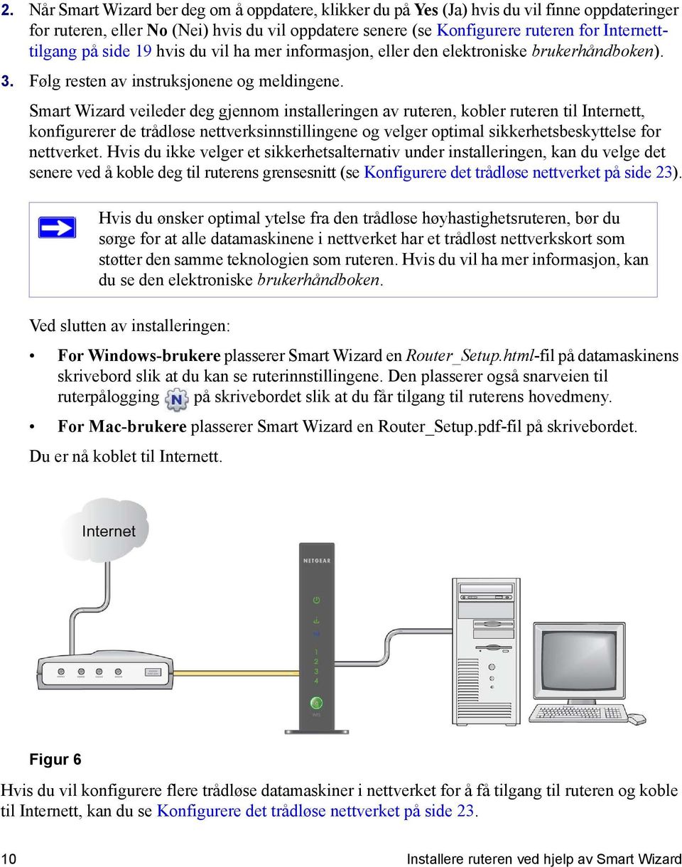 Smart Wizard veileder deg gjennom installeringen av ruteren, kobler ruteren til Internett, konfigurerer de trådløse nettverksinnstillingene og velger optimal sikkerhetsbeskyttelse for nettverket.