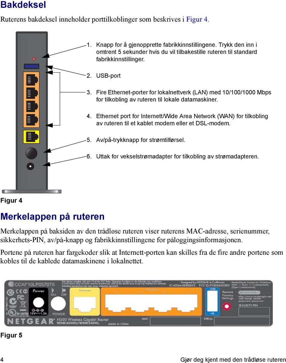 Fire Ethernet-porter for lokalnettverk (LAN) med 10/100/1000 Mbps for tilkobling av ruteren til lokale datamaskiner. 4.