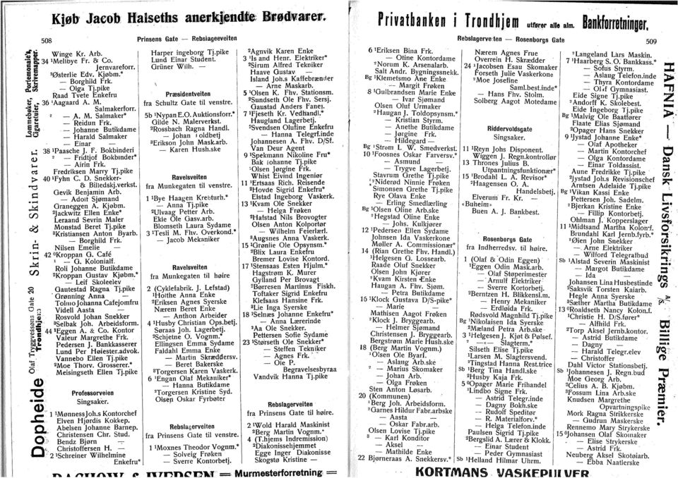 Fredriksen Marry Tj.pike 40 'Fyhn C. D. Snekker- & Billedskj.verkst. evik Benjamin Arb. Adlt Sjømand raneggen A. Kjøbm. Jackwitz Ellen Enke* Leraand Sevrin Måler Mpnstad Beret Tj.