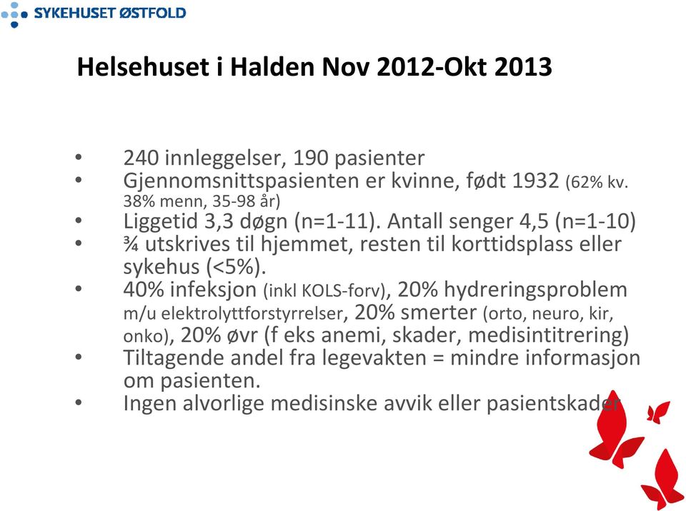 Antall senger 4,5 (n=1 10) ¾ utskrives til hjemmet, resten til korttidsplass eller sykehus (<5%).