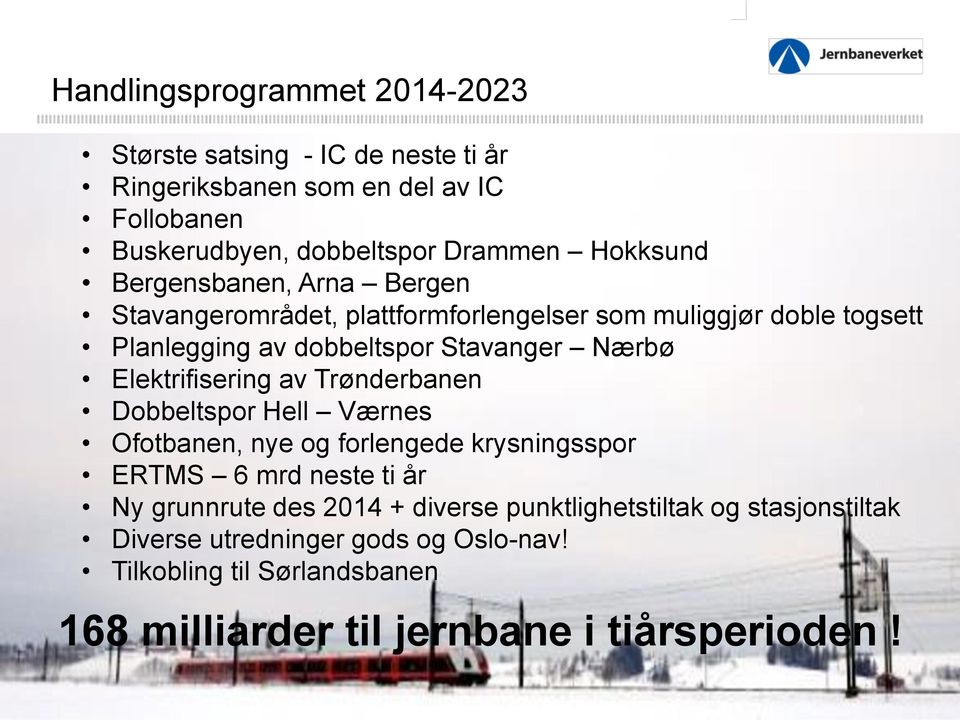 Planlegging av dobbeltspor Stavanger Nærbø Elektrifisering av Trønderbanen Dobbeltspor Hell Værnes Ofotbanen, nye og forlengede krysningsspor ERTMS 6 mrd neste ti år Ny