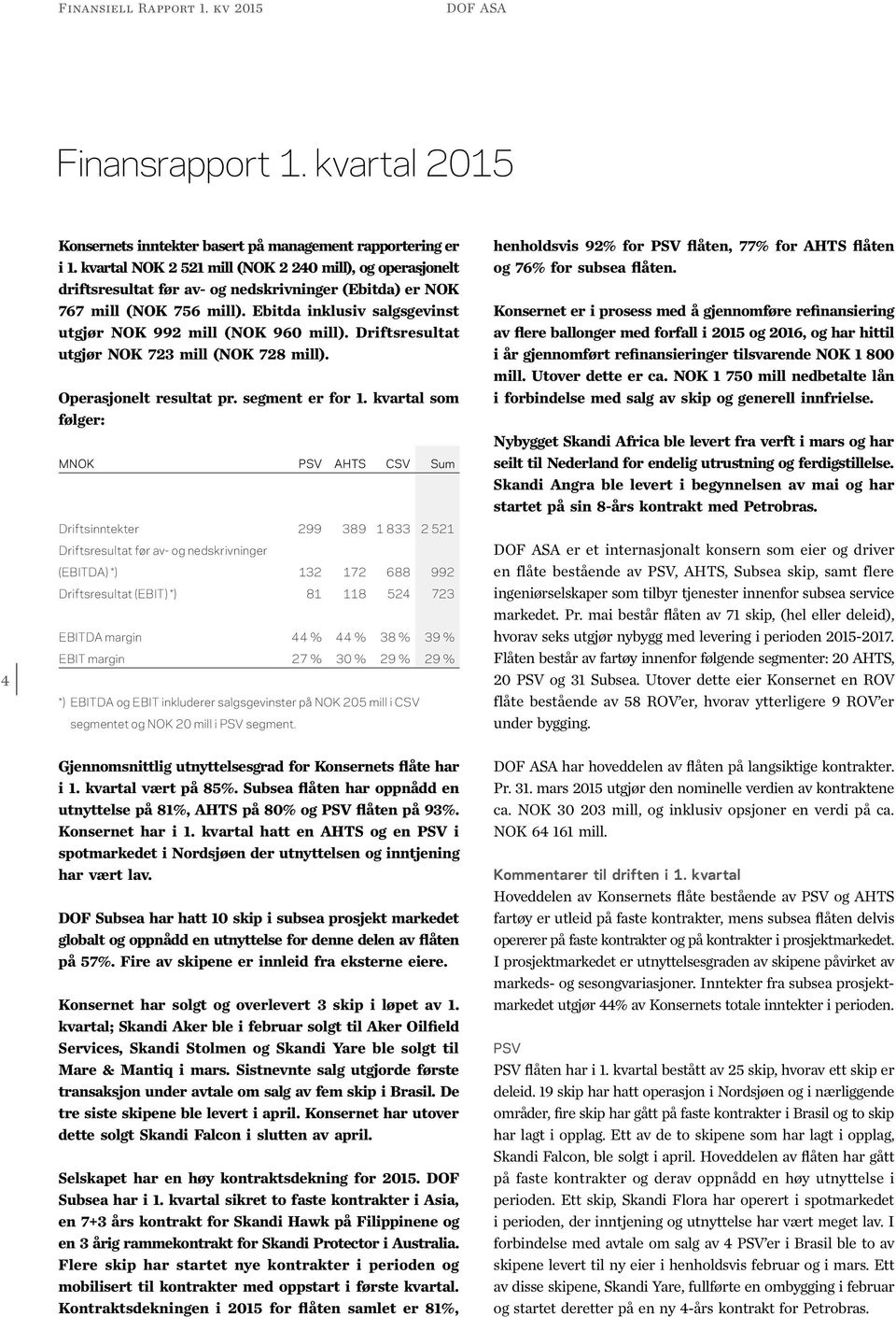 Ebitda inklusiv salgsgevinst utgjør NOK 992 mill (NOK 960 mill). Driftsresultat utgjør NOK 723 mill (NOK 728 mill). Operasjonelt resultat pr. segment er for 1.