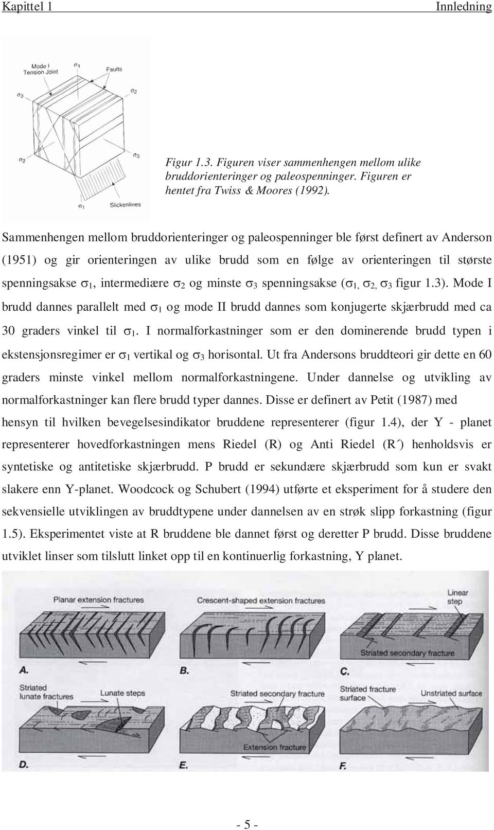 intermediære 2 og minste 3 spenningsakse ( 1, 2, 3 figur 1.3). Mode I brudd dannes parallelt med 1 og mode II brudd dannes som konjugerte skjærbrudd med ca 30 graders vinkel til 1.