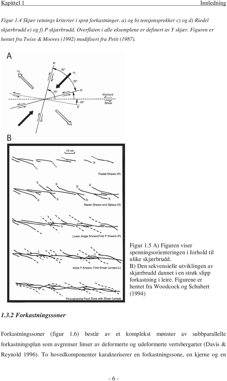 5 A) Figuren viser spenningsorienteringen i forhold til ulike skjærbrudd. B) Den sekvensielle utviklingen av skjærbrudd dannet i en strøk slipp forkastning i leire.
