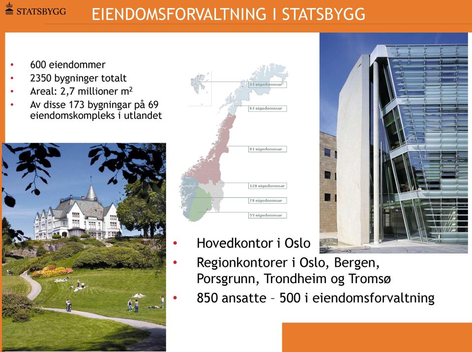 Hovedkontor i Oslo Regionkontorer i Oslo, Bergen, Porsgrunn, Trondheim og Tromsø