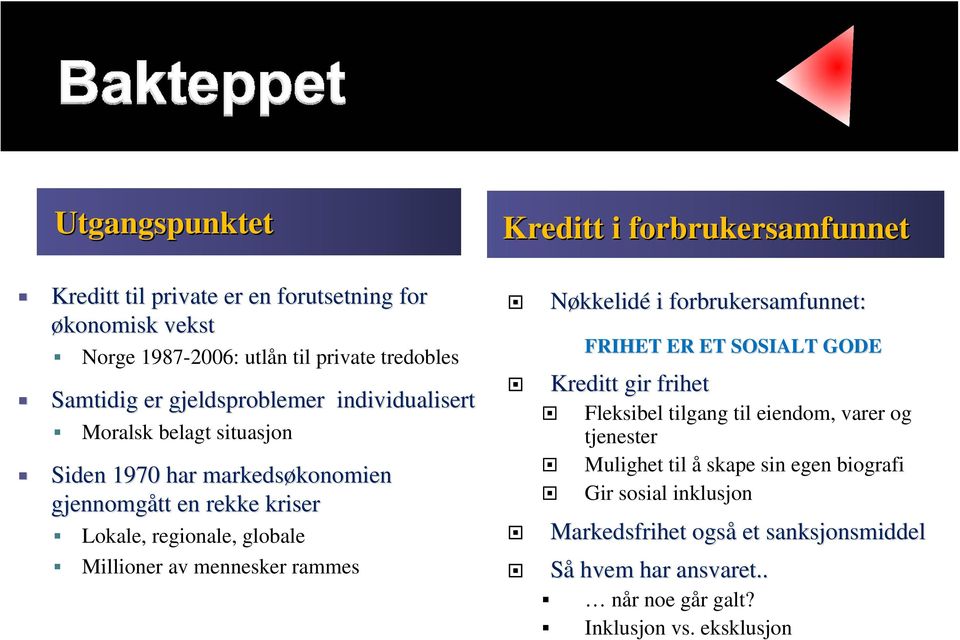 mennesker rammes Kreditt i forbrukersamfunnet Nøkkelidé i forbrukersamfunnet: FRIHET ER ET SOSIALT GODE Kreditt gir frihet Fleksibel tilgang til eiendom,