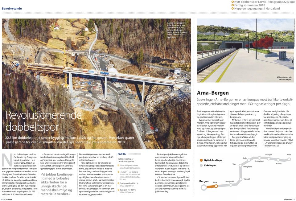 Arna Bergen Strekningen Arna Bergen er en av Europas mest trafikkerte enkeltsporede jernbanestrekninger med 3 togpasseringer per døgn.