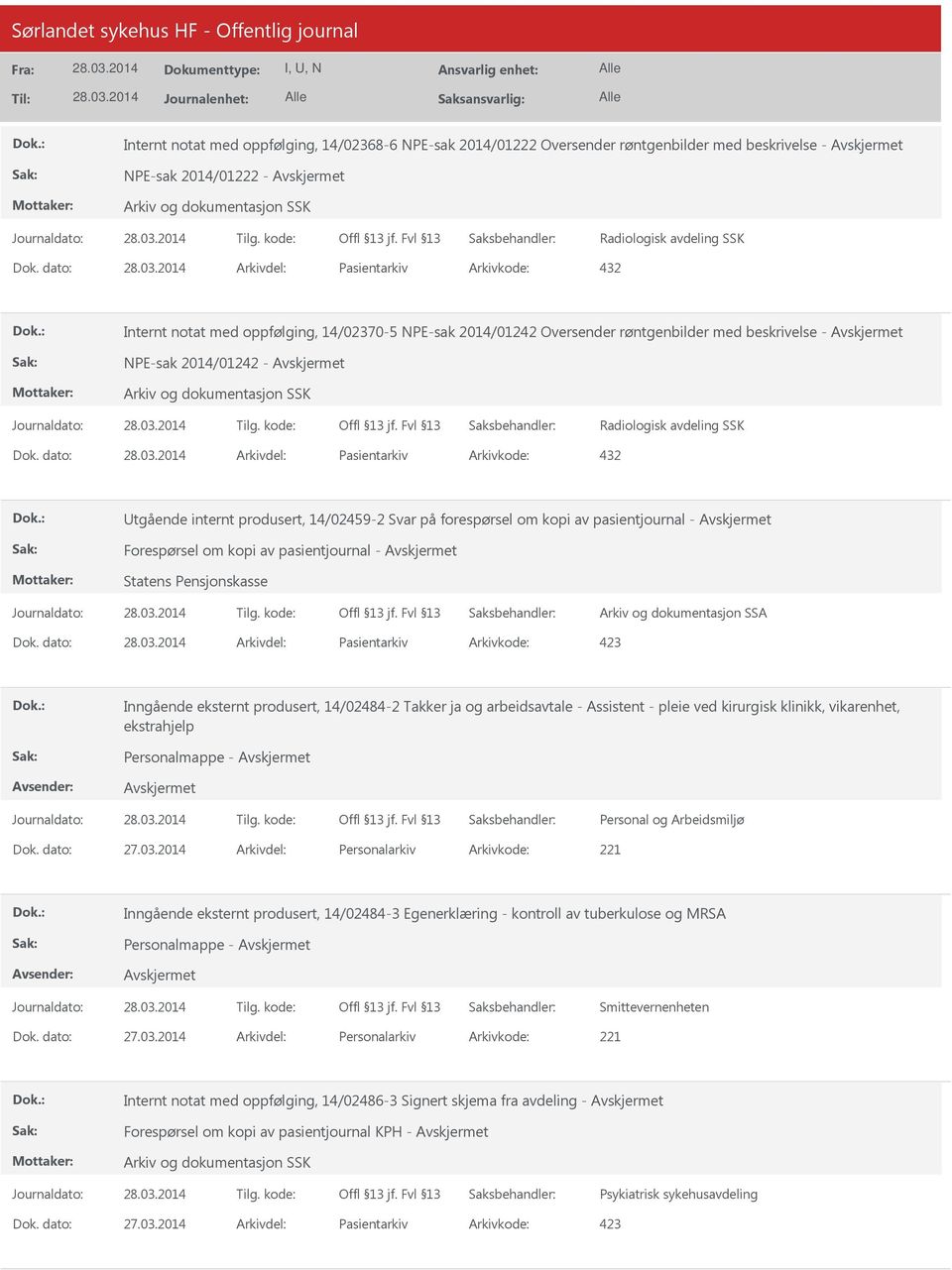dato: Arkivdel: Pasientarkiv Arkivkode: 432 Utgående internt produsert, 14/02459-2 Svar på forespørsel om kopi av pasientjournal - Statens Pensjonskasse Arkiv og dokumentasjon SSA Dok.