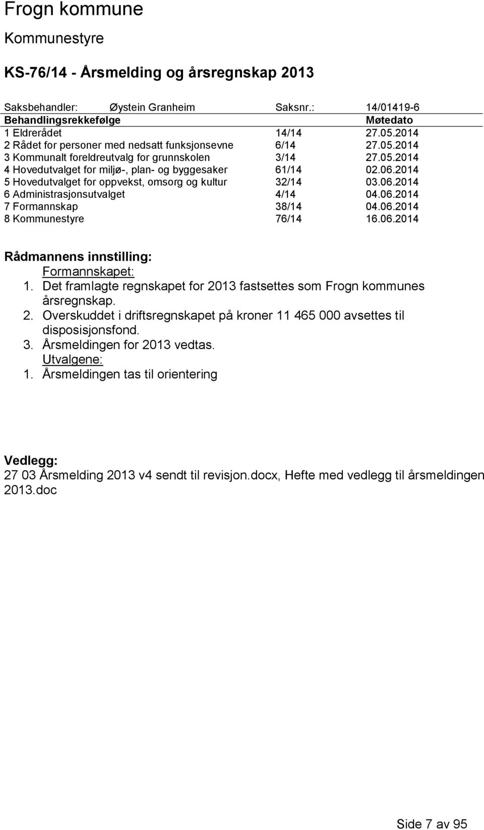 2014 5 Hovedutvalget for oppvekst, omsorg og kultur 32/14 03.06.2014 6 Administrasjonsutvalget 4/14 04.06.2014 7 Formannskap 38/14 04.06.2014 8 76/14 16.06.2014 Rådmannens innstilling: Formannskapet: 1.