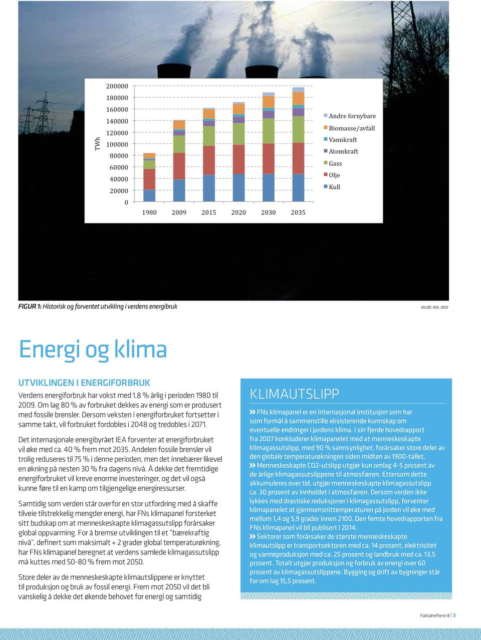 Det internasjonale energibyrået IEA forventer at energiforbruket vil øke med ca. 40 % frem mot 2035.