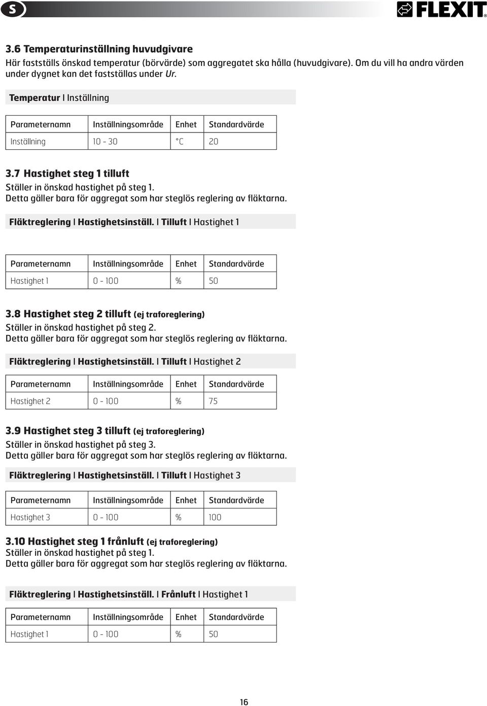 Detta gäller bara för aggregat som har steglös reglering av fläktarna. Fläktreglering I Hastighetsinställ.