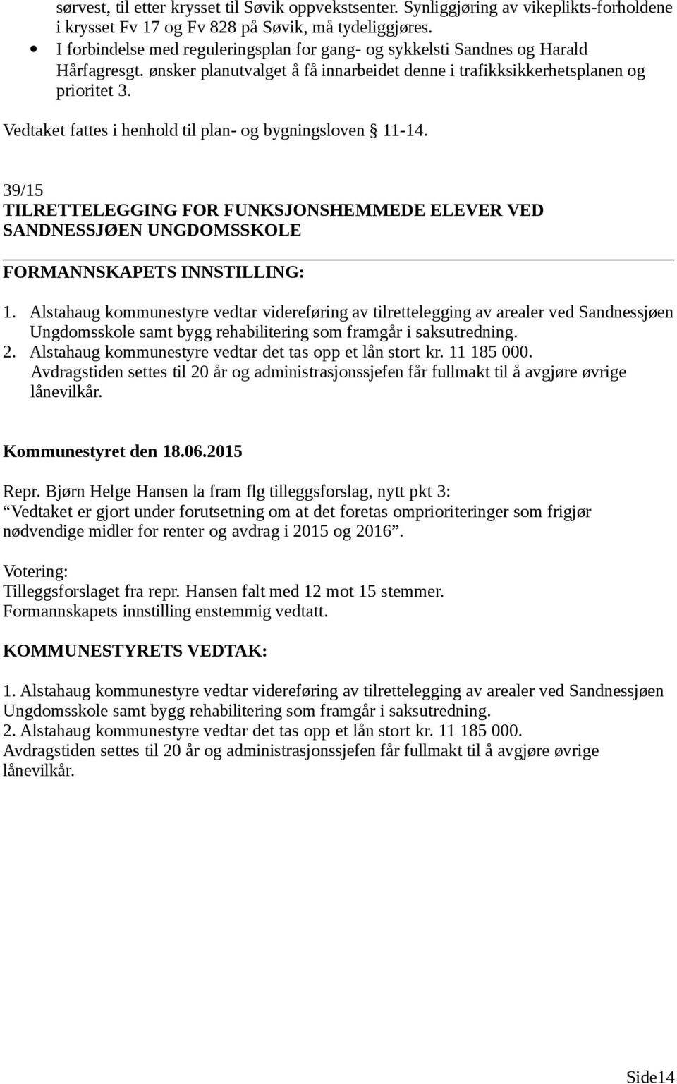 Vedtaket fattes i henhold til plan- og bygningsloven 11-14. 39/15 TILRETTELEGGING FOR FUNKSJONSHEMMEDE ELEVER VED SANDNESSJØEN UNGDOMSSKOLE 1.