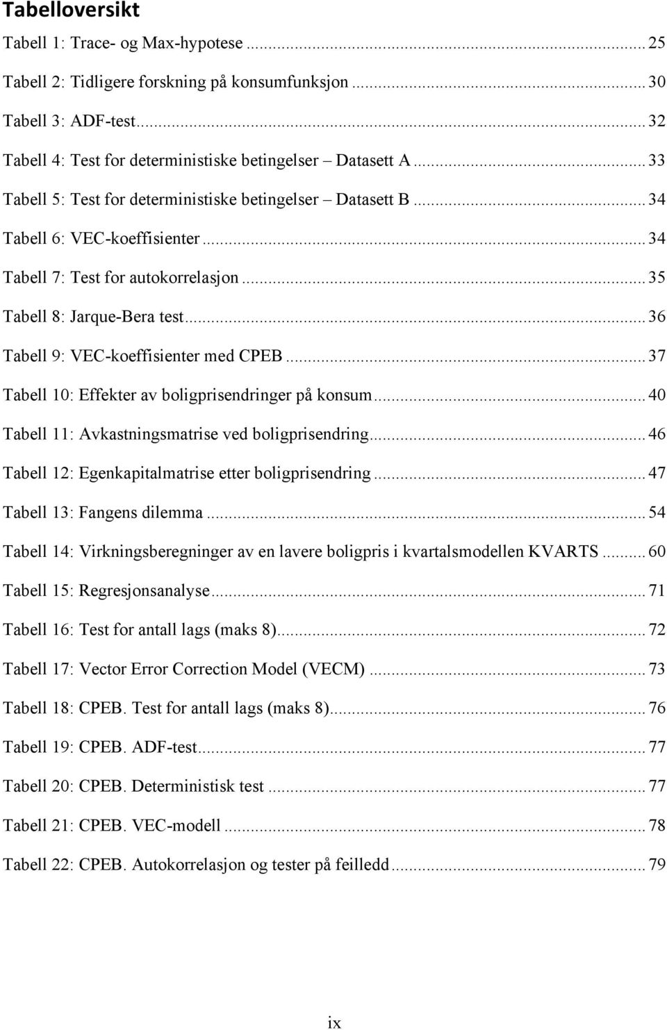 .. 36 Tabell 9: VEC-koeffisienter med CPEB... 37 Tabell 10: Effekter av boligprisendringer på konsum... 40 Tabell 11: Avkastningsmatrise ved boligprisendring.