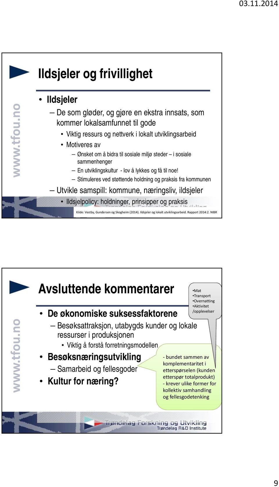 Stimuleres ved støttende holdning og praksis fra kommunen Utvikle samspill: kommune, næringsliv, ildsjeler Ildsjelpolicy: holdninger, prinsipper og praksis Kilde: Vestby, Gundersen og Skogheim (2014).