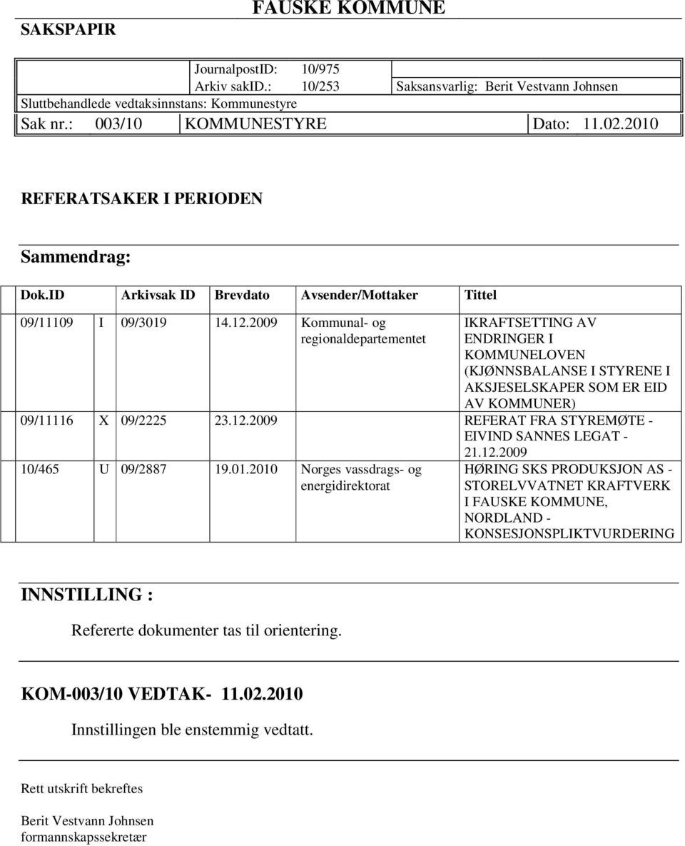 2009 Kommunal- og regionaldepartementet IKRAFTSETTING AV ENDRINGER I KOMMUNELOVEN (KJØNNSBALANSE I STYRENE I AKSJESELSKAPER SOM ER EID AV KOMMUNER) 09/11116 X 09/2225 23.12.