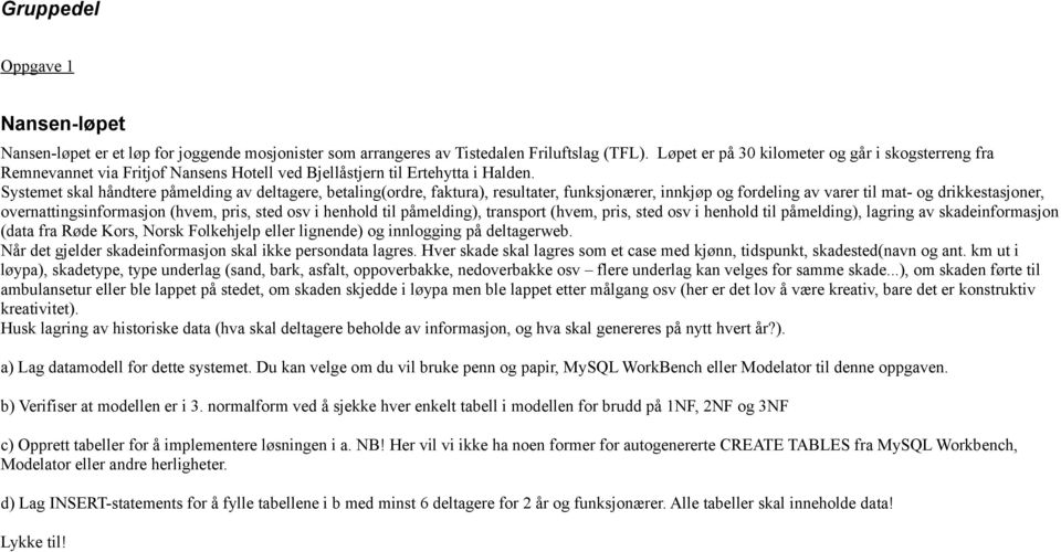 Systemet skal håndtere påmelding av deltagere, betaling(ordre, faktura), resultater, funksjonærer, innkjøp og fordeling av varer til mat- og drikkestasjoner, overnattingsinformasjon (hvem, pris, sted