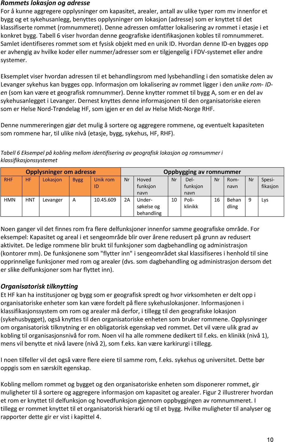 Tabell 6 viser hvordan denne geografiske identifikasjonen kobles til romnummeret. Samlet identifiseres rommet som et fysisk objekt med en unik ID.