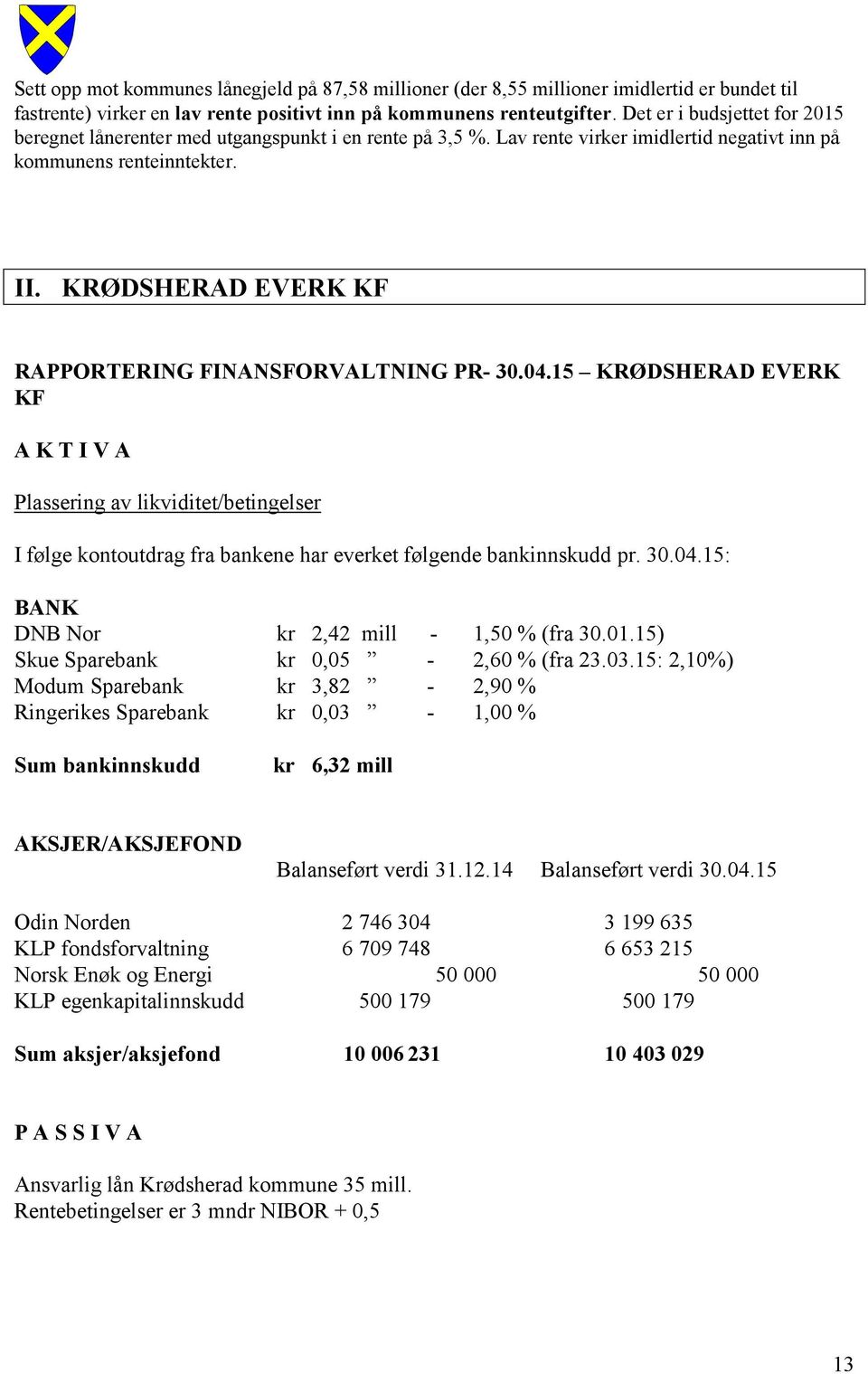 KRØDSHERAD EVERK KF RAPPORTERING FINANSFORVALTNING PR- 30.04.