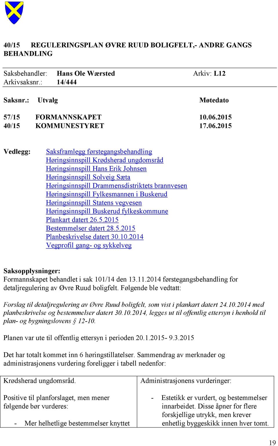 2015 Vedlegg: Saksframlegg førstegangsbehandling Høringsinnspill Krødsherad ungdomsråd Høringsinnspill Hans Erik Johnsen Høringsinnspill Solveig Sæta Høringsinnspill Drammensdistriktets brannvesen