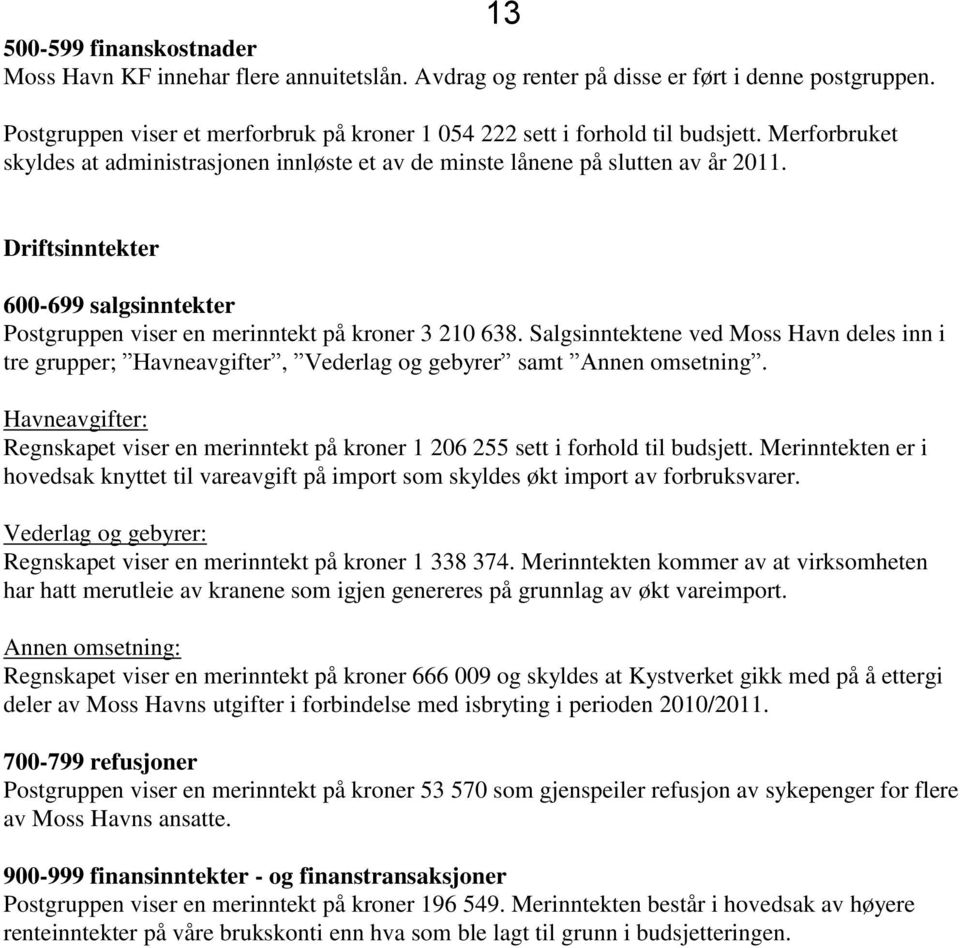 Salgsinntektene ved Moss Havn deles inn i tre grupper; Havneavgifter, Vederlag og gebyrer samt Annen omsetning.