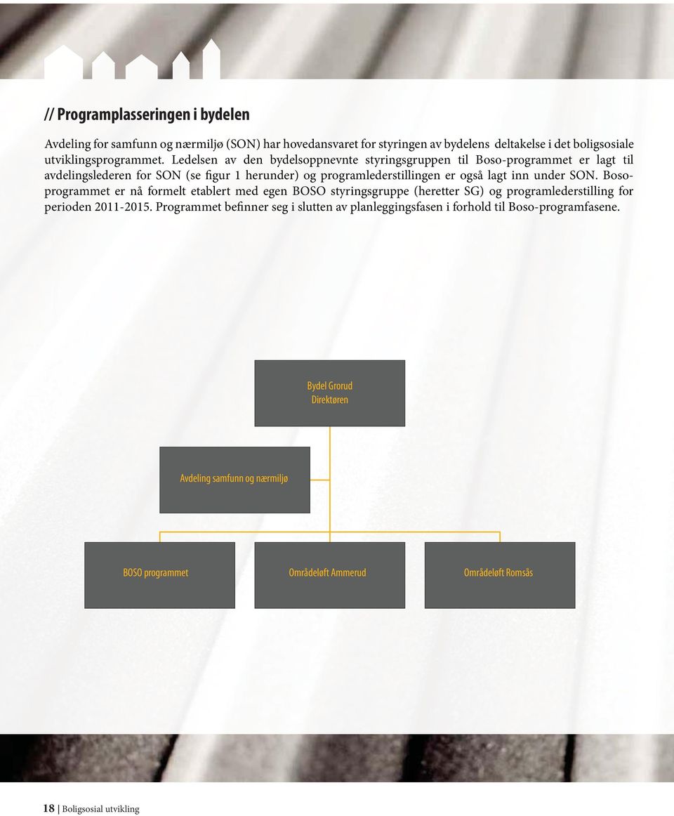 under SON. Bosoprogrammet er nå formelt etablert med egen BOSO styringsgruppe (heretter SG) og programlederstilling for perioden 2011-2015.