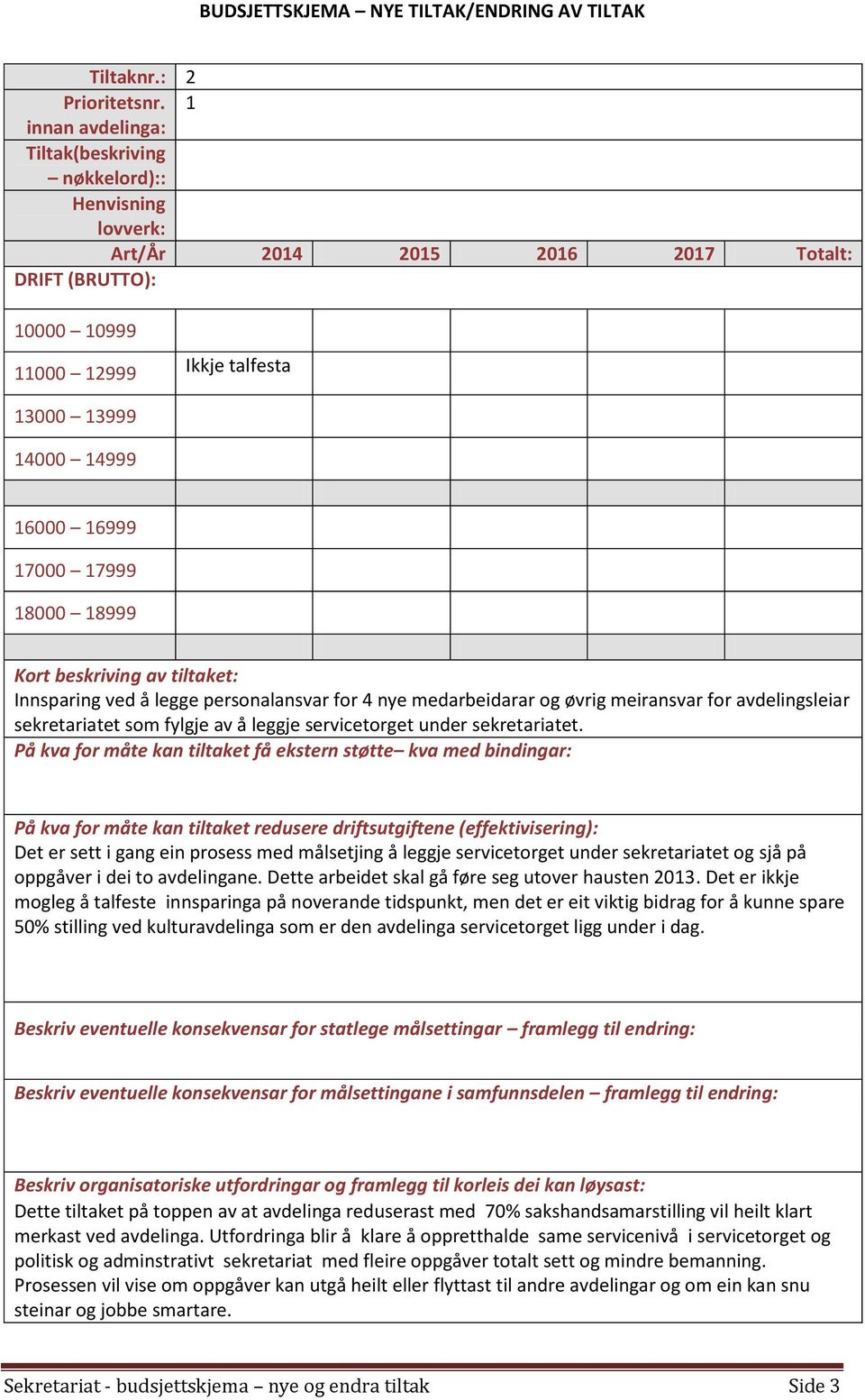 17000 17999 18000 18999 Kort beskriving av tiltaket: Innsparing ved å legge personalansvar for 4 nye medarbeidarar og øvrig meiransvar for avdelingsleiar sekretariatet som fylgje av å leggje