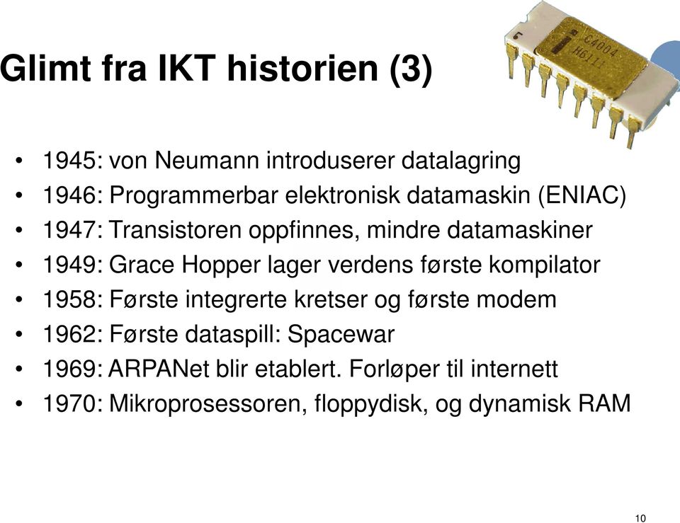 første kompilator 1958: Første integrerte kretser og første modem 1962: Første dataspill: Spacewar