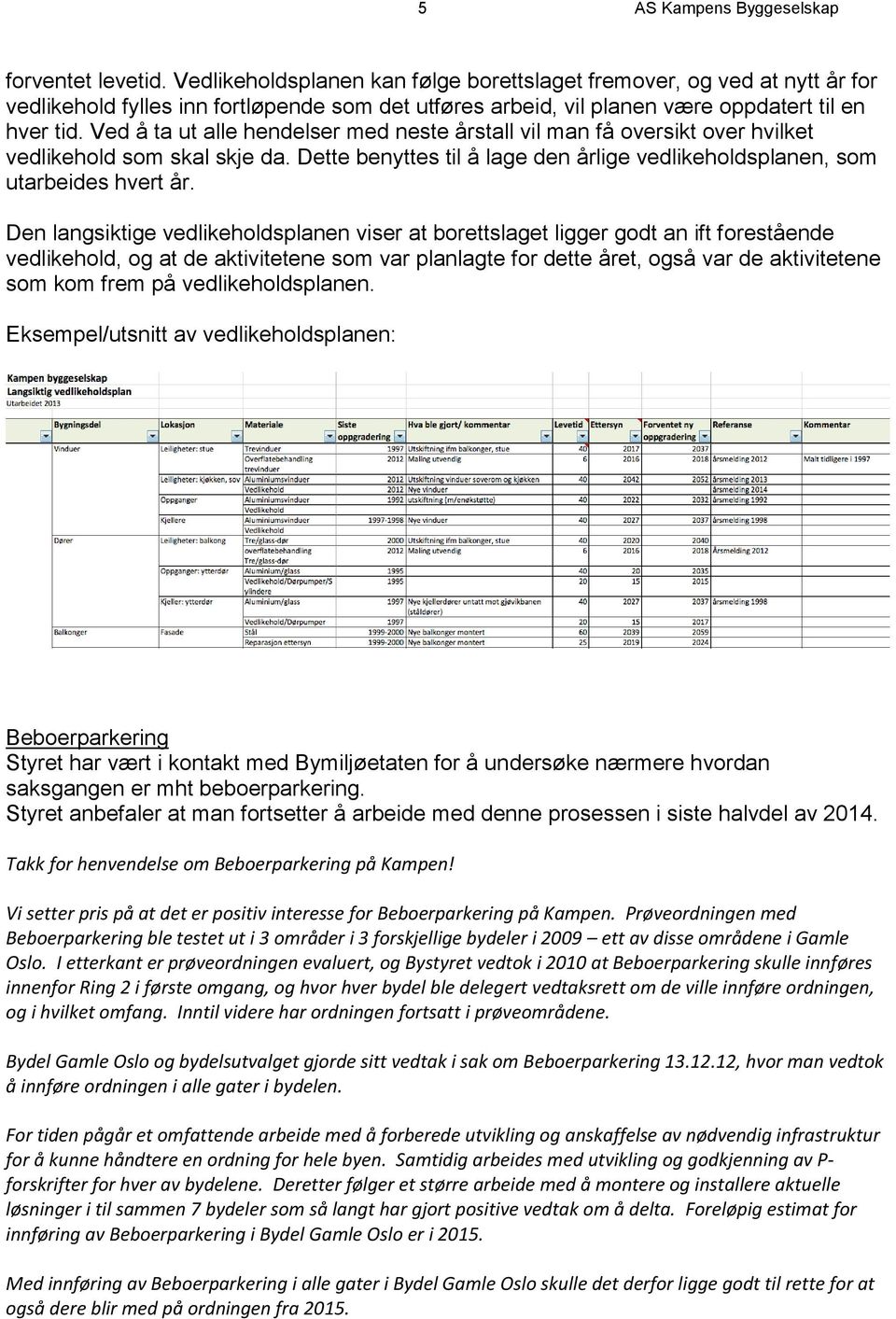 Ved å ta ut alle hendelser med neste årstall vil man få oversikt over hvilket vedlikehold som skal skje da. Dette benyttes til å lage den årlige vedlikeholdsplanen, som utarbeides hvert år.