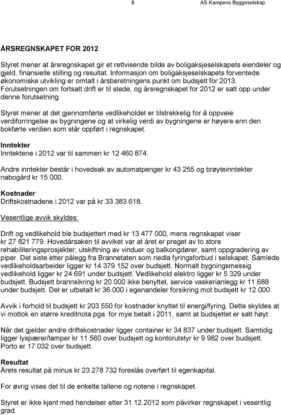 Forutsetningen om fortsatt drift er til stede, og årsregnskapet for 2012 er satt opp under denne forutsetning.