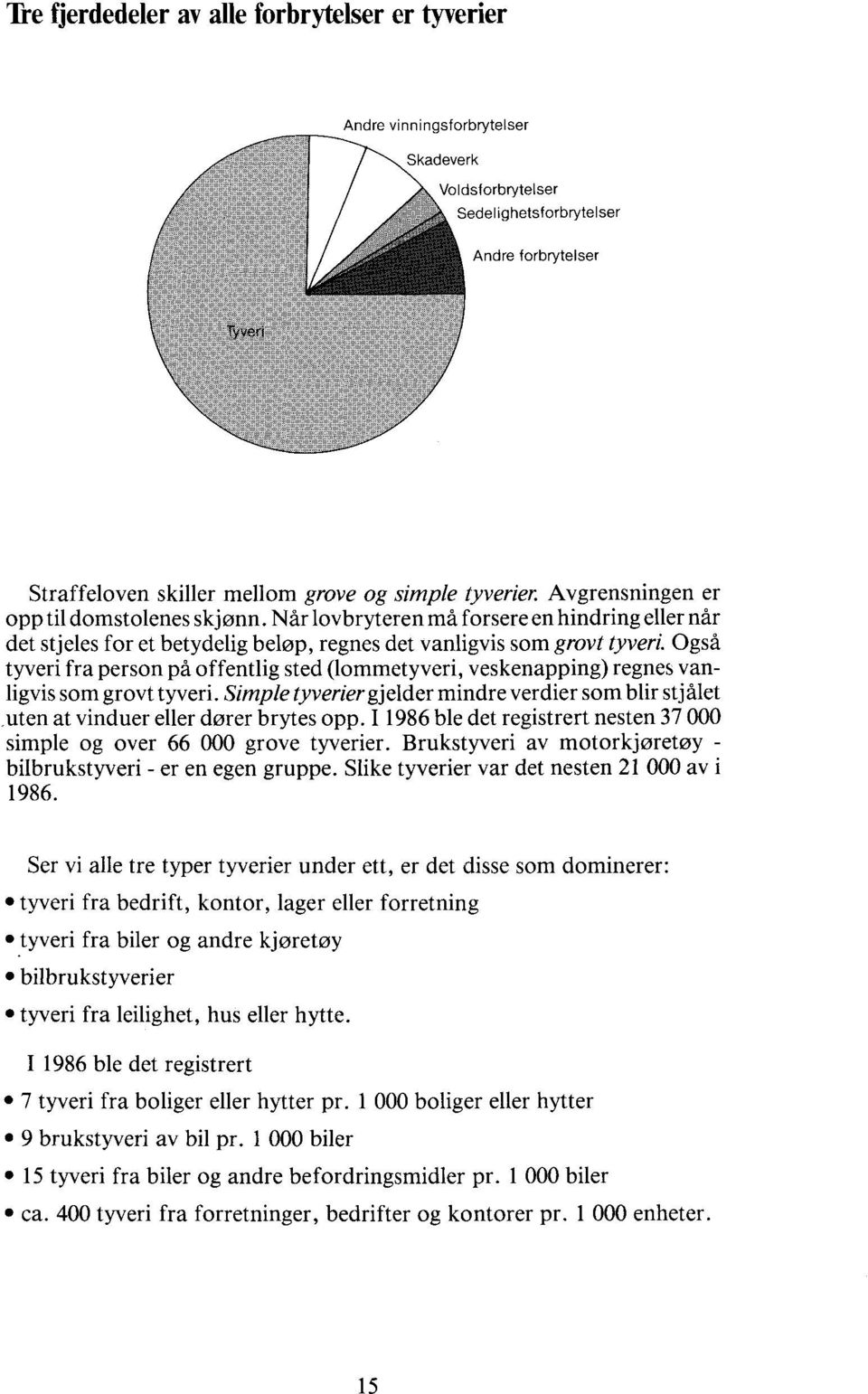 Også tyveri fra person på offentlig sted (lommetyveri, veskenapping) regnes vanligvis som grovt tyveri. Simple tyverier gjelder mindre verdier som blir stjålet,uten at vinduer eller dører brytes opp.