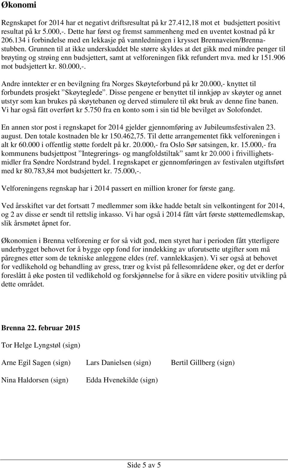 Grunnen til at ikke underskuddet ble større skyldes at det gikk med mindre penger til brøyting og strøing enn budsjettert, samt at velforeningen fikk refundert mva. med kr 151.906 mot budsjettert kr.