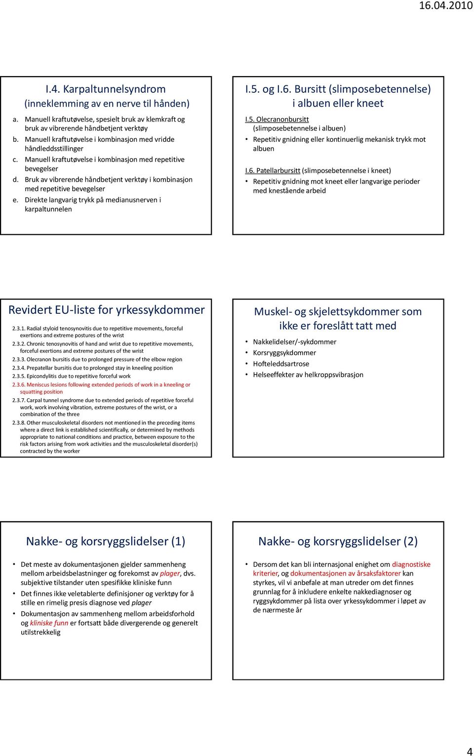 Bruk av vibrerende håndbetjent verktøy i kombinasjon med repetitive bevegelser e. Direkte langvarig trykk på medianusnerven i karpaltunnelen I.5. og I.6.