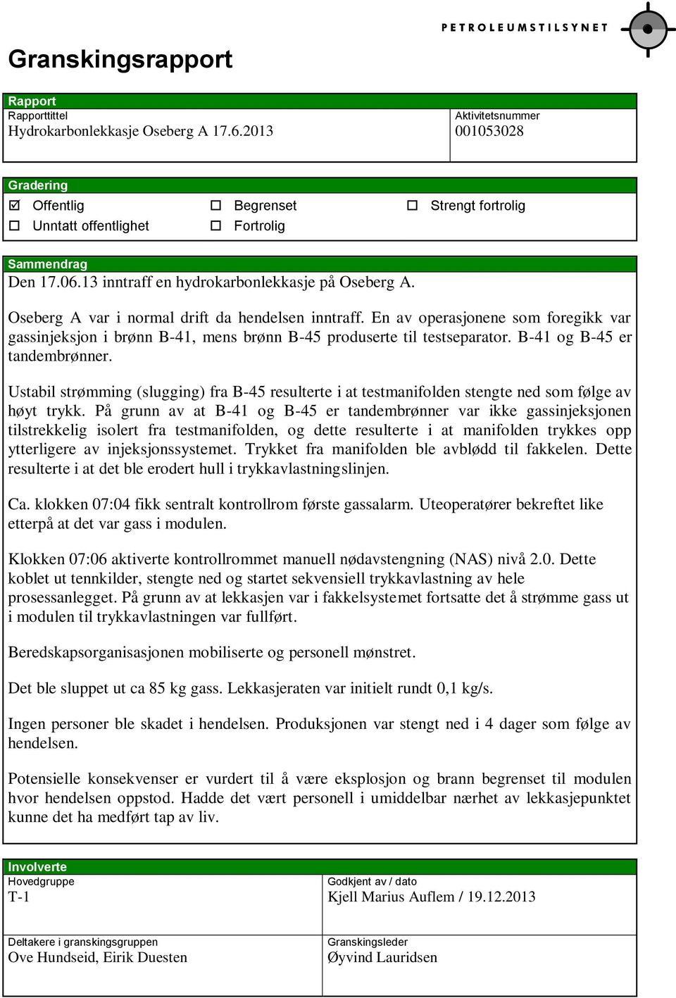 Oseberg A var i normal drift da hendelsen inntraff. En av operasjonene som foregikk var gassinjeksjon i brønn B-41, mens brønn B-45 produserte til testseparator. B-41 og B-45 er tandembrønner.