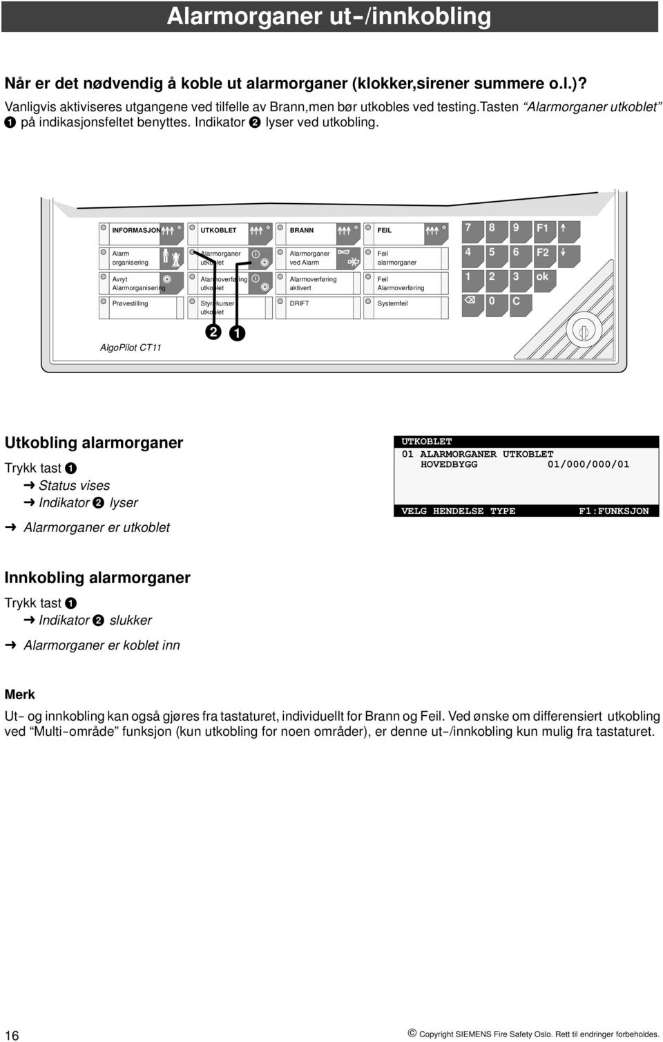 INFORMASJON UTKOBLET BRANN FEIL 7 8 9 Alarm organisering Avryt Alarmorganisering Prøvestilling Alarmorganer Styrekurser Alarmorganer ved Alarm aktivert DRIFT Feil alarmorganer Feil Systemfeil 4 5 6 1