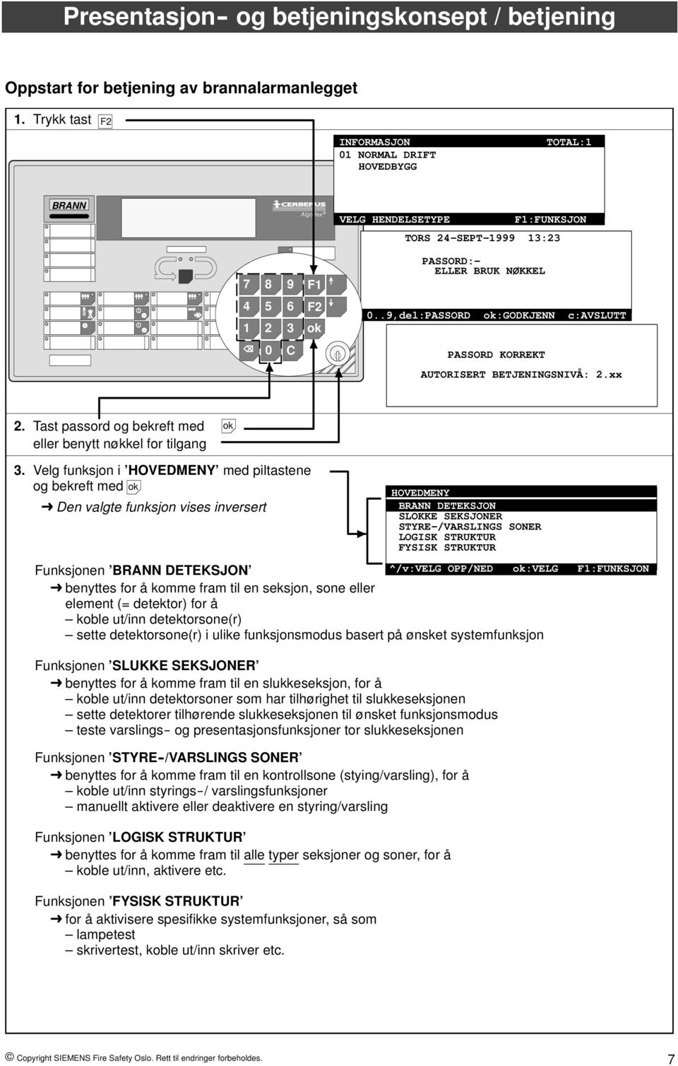 .9,del:PASSORD :GODKJENN c:avslutt PASSORD KORREKT AUTORISERT BETJENINGSNIVÅ: 2.xx 2. Tast passord og bekreft med eller benytt nøkkel for tilgang 3.