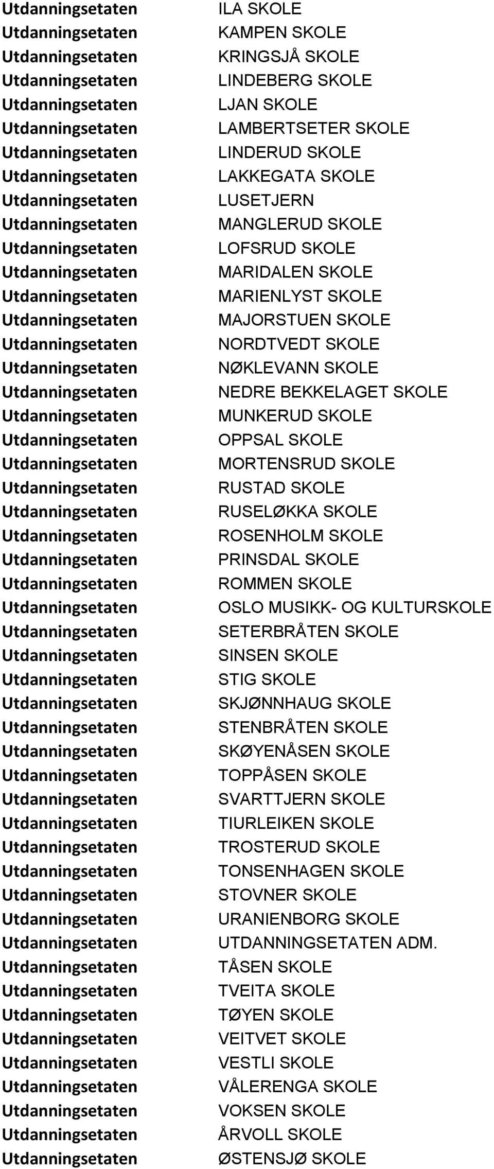 SKOLE OSLO MUSIKK- OG KULTURSKOLE SETERBRÅTEN SKOLE SINSEN SKOLE STIG SKOLE SKJØNNHAUG SKOLE STENBRÅTEN SKOLE SKØYENÅSEN SKOLE TOPPÅSEN SKOLE SVARTTJERN SKOLE TIURLEIKEN SKOLE TROSTERUD