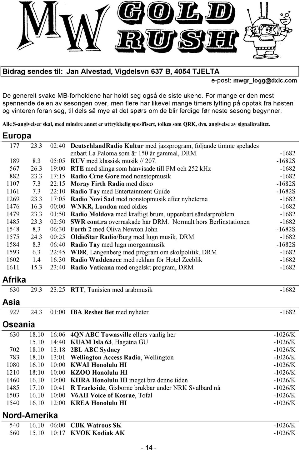 neste sesong begynner. Alle S-angivelser skal, med mindre annet er uttrykkelig spesifisert, tolkes som QRK, dvs. angivelse av signalkvalitet. Europa 177 23.