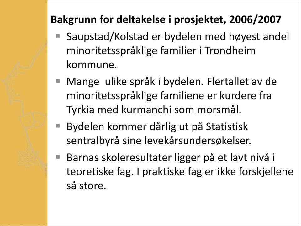 Flertallet av de minoritetsspråklige familiene er kurdere fra Tyrkia med kurmanchi som morsmål.