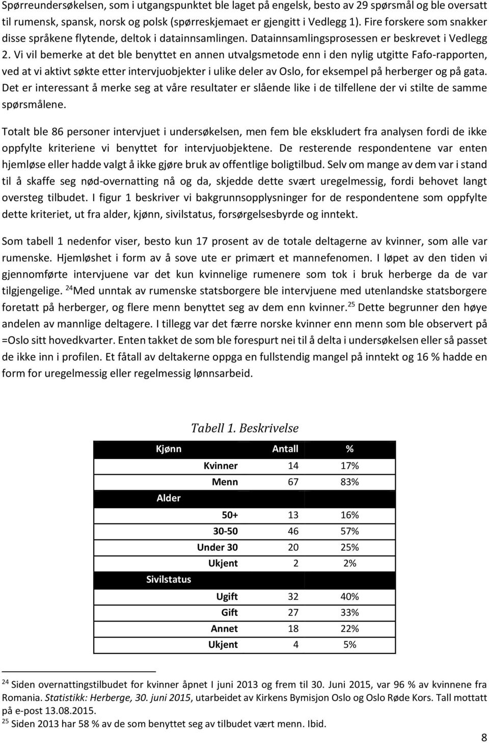 Vi vil bemerke at det ble benyttet en annen utvalgsmetode enn i den nylig utgitte Fafo-rapporten, ved at vi aktivt søkte etter intervjuobjekter i ulike deler av Oslo, for eksempel på herberger og på