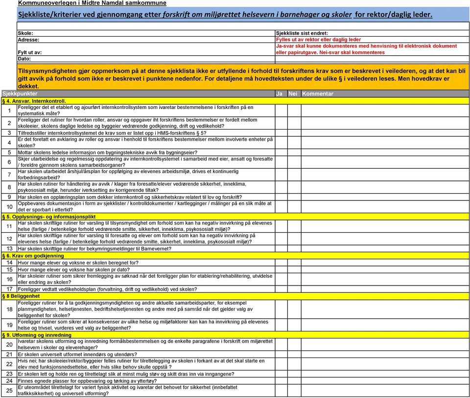 Nei-svar skal kommenteres Tilsynsmyndigheten gjør oppmerksom på at denne sjekklista ikke er utfyllende i forhold til forskriftens krav som er beskrevet i veilederen, og at det kan bli gitt avvik på