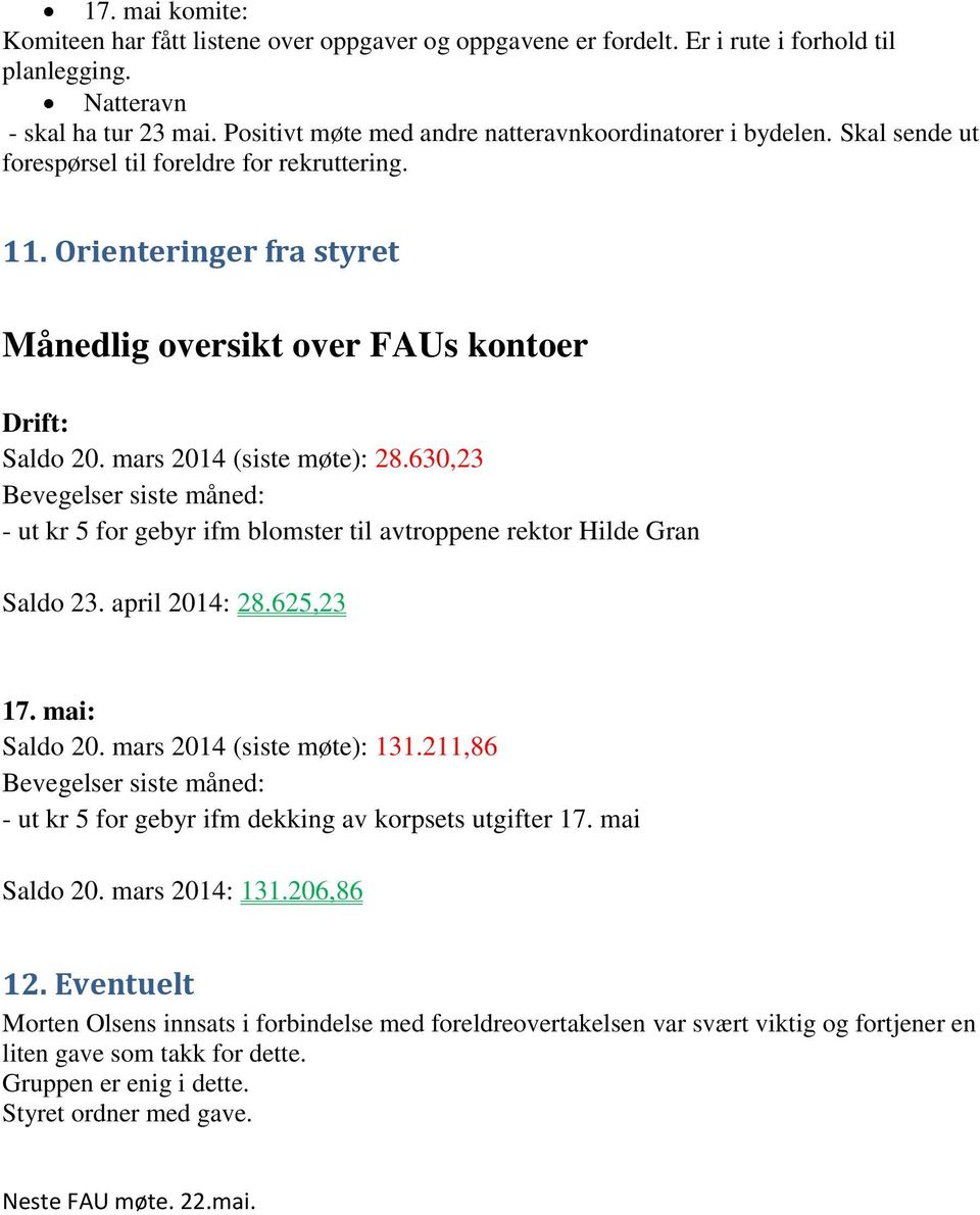 mars 2014 (siste møte): 28.630,23 Bevegelser siste måned: - ut kr 5 for gebyr ifm blomster til avtroppene rektor Hilde Gran Saldo 23. april 2014: 28.625,23 17. mai: Saldo 20.