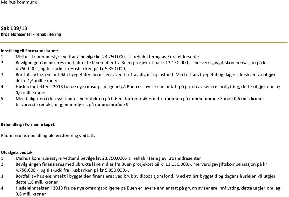 Bortfall av husleieinntekt i byggetiden finansieres ved bruk av disposisjonsfond. Med ett års byggetid og dagens husleienivå utgjør dette 1,6 mill. kroner 4.