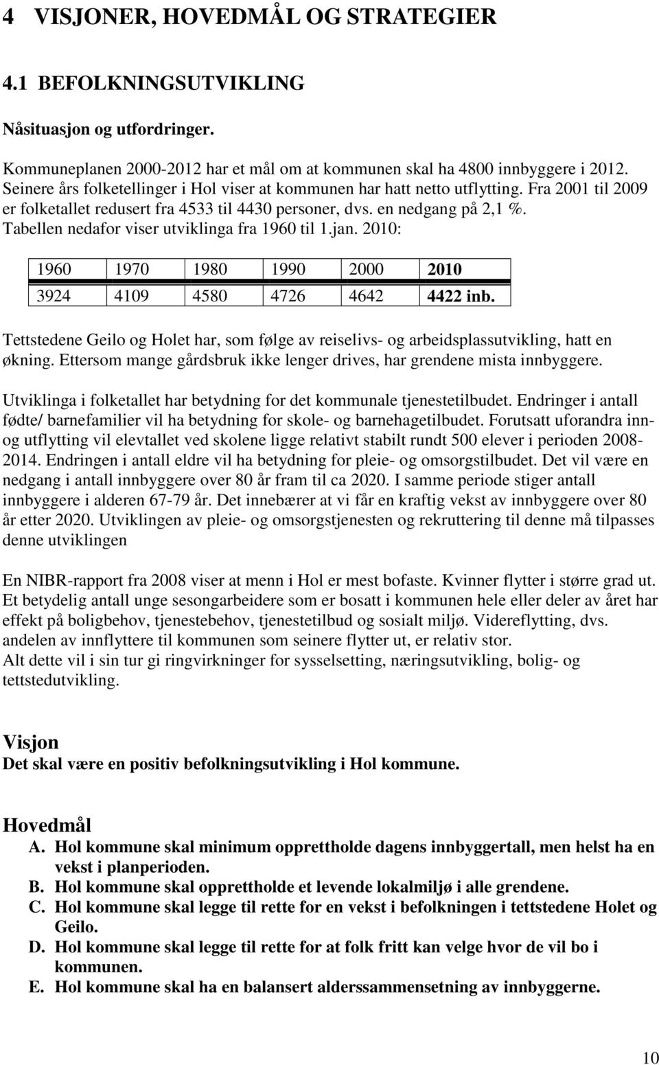 Tabellen nedafor viser utviklinga fra 1960 til 1.jan. 2010: 1960 1970 1980 1990 2000 2010 3924 4109 4580 4726 4642 4422 inb.